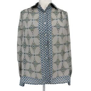 Max Studio Blue Yellow Geometric Tile Print Button Down Blouse Small 2710D34